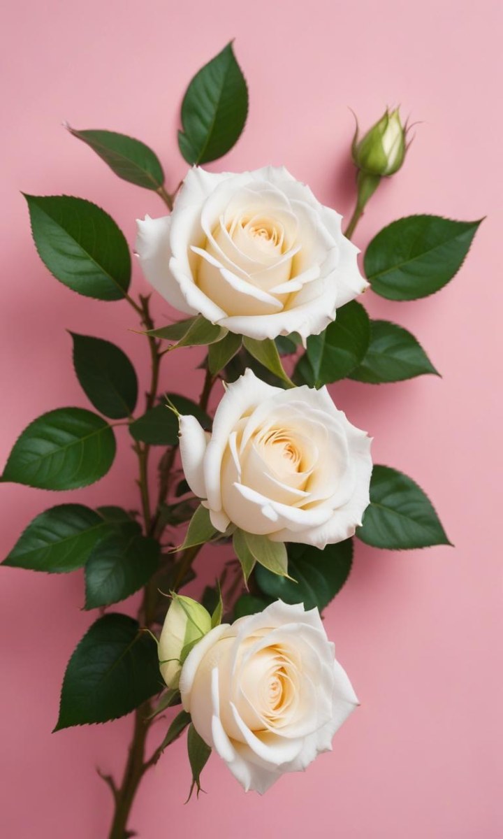Three White Roses With Green Leaves On A Pink Background 93 82a9