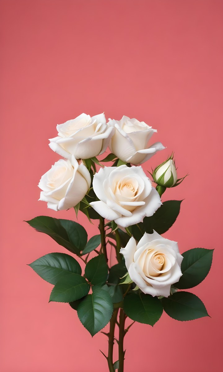 Three White Roses With Green Leaves On A Pink Background 94 1d79