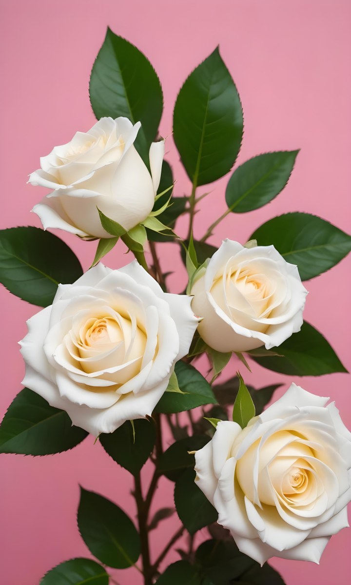 Three White Roses With Green Leaves On A Pink Background 95 4cde
