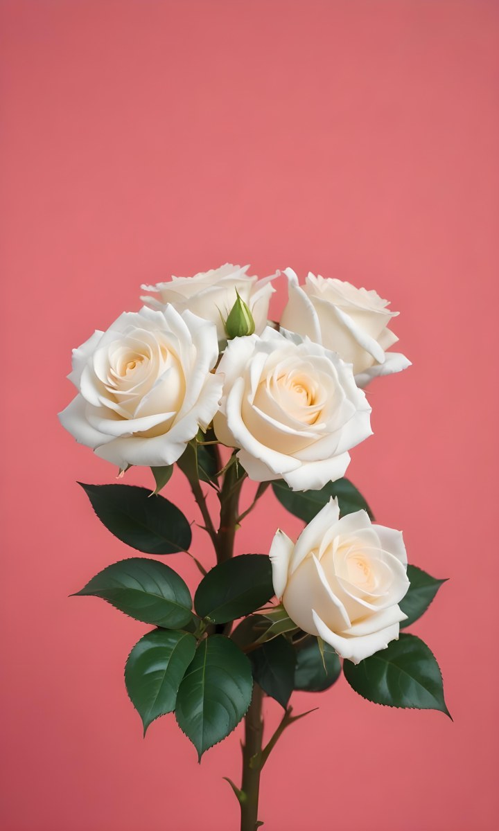 Three White Roses With Green Leaves On A Pink Background 96 62b1