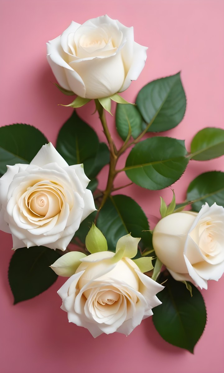 Three White Roses With Green Leaves On A Pink Background 97 E3cc