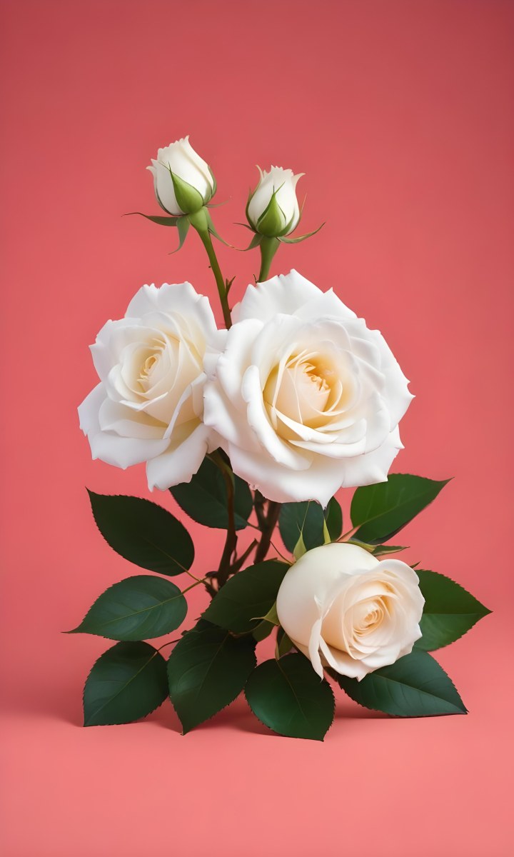 Three White Roses With Green Leaves On A Pink Background 98 43e3