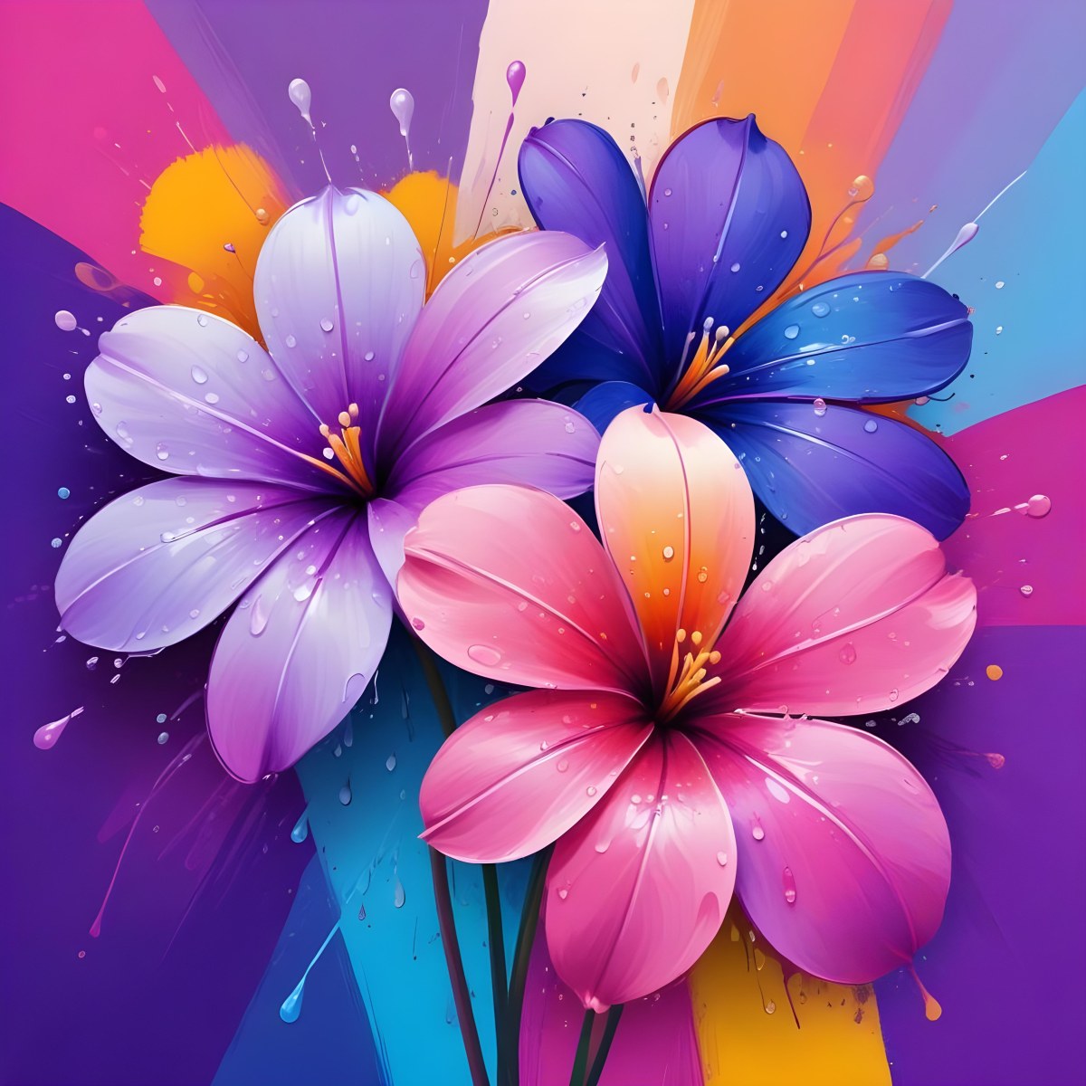 Two Flowers With Four Petals One Pink And One Purple With Water Drops In A Colorful Background 13 5e34
