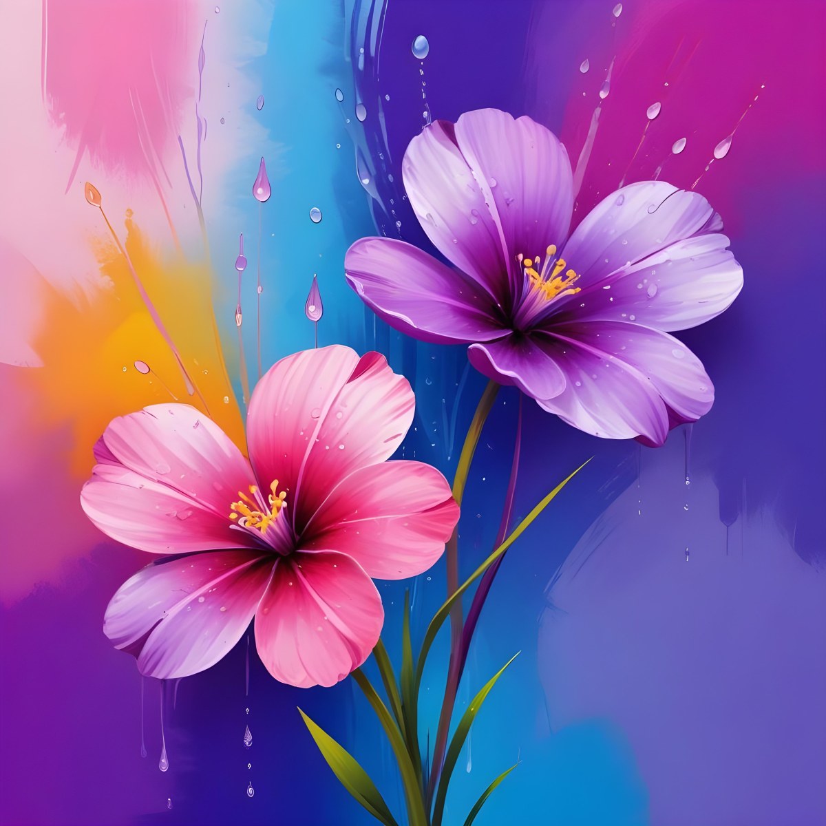 Two Flowers With Four Petals One Pink And One Purple With Water Drops In A Colorful Background 17 A5a5