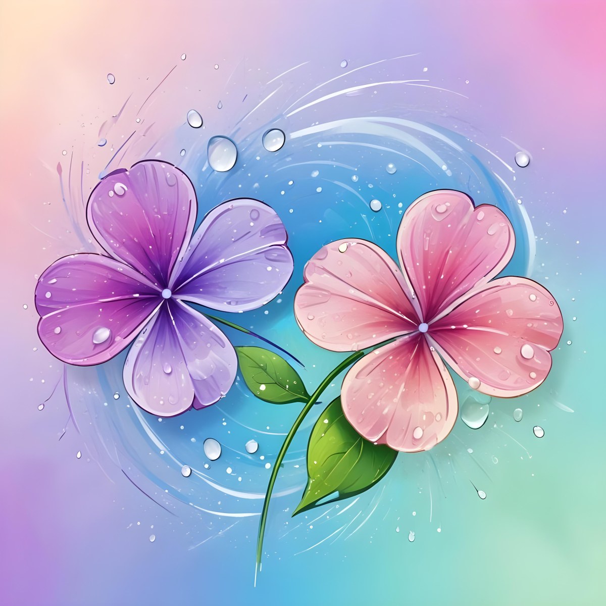Two Flowers With Four Petals One Pink And One Purple With Water Drops In A Colorful Background 26 C824