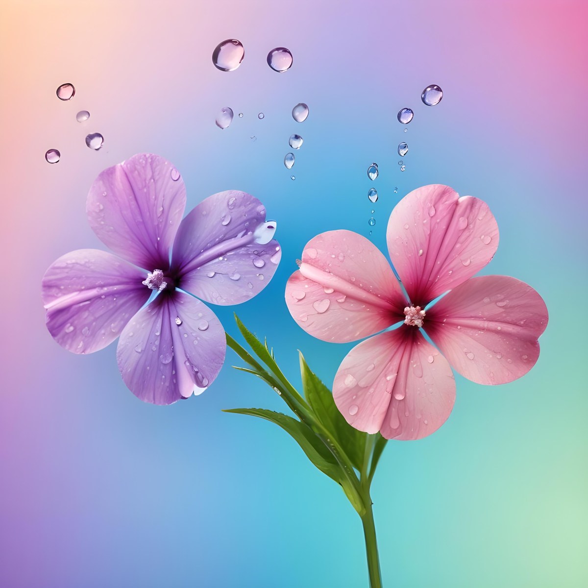 Two Flowers With Four Petals One Pink And One Purple With Water Drops In A Colorful Background 29 2e3c