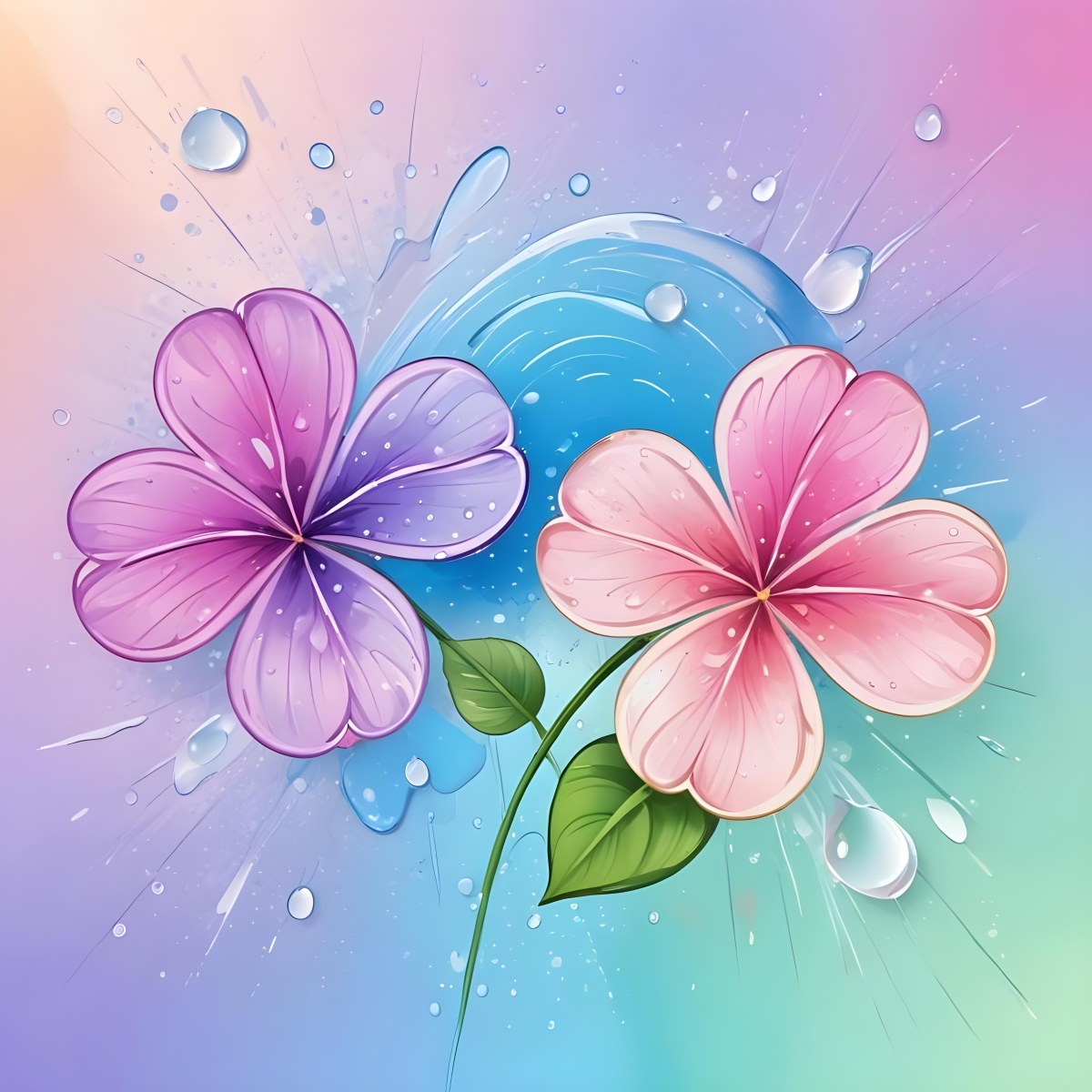 Two Flowers With Four Petals One Pink And One Purple With Water Drops In A Colorful Background 30 5098