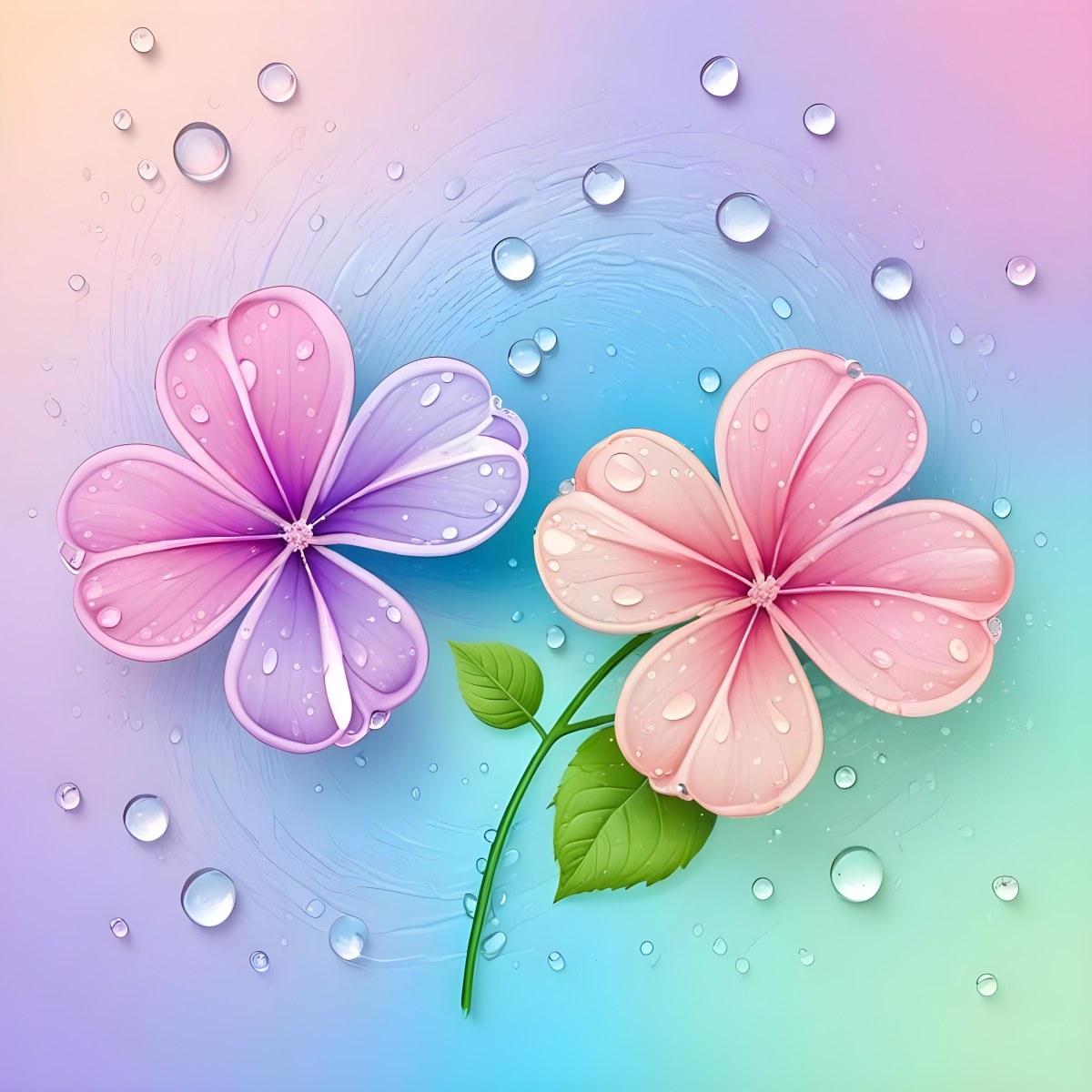 Two Flowers With Four Petals One Pink And One Purple With Water Drops In A Colorful Background 33 4c55