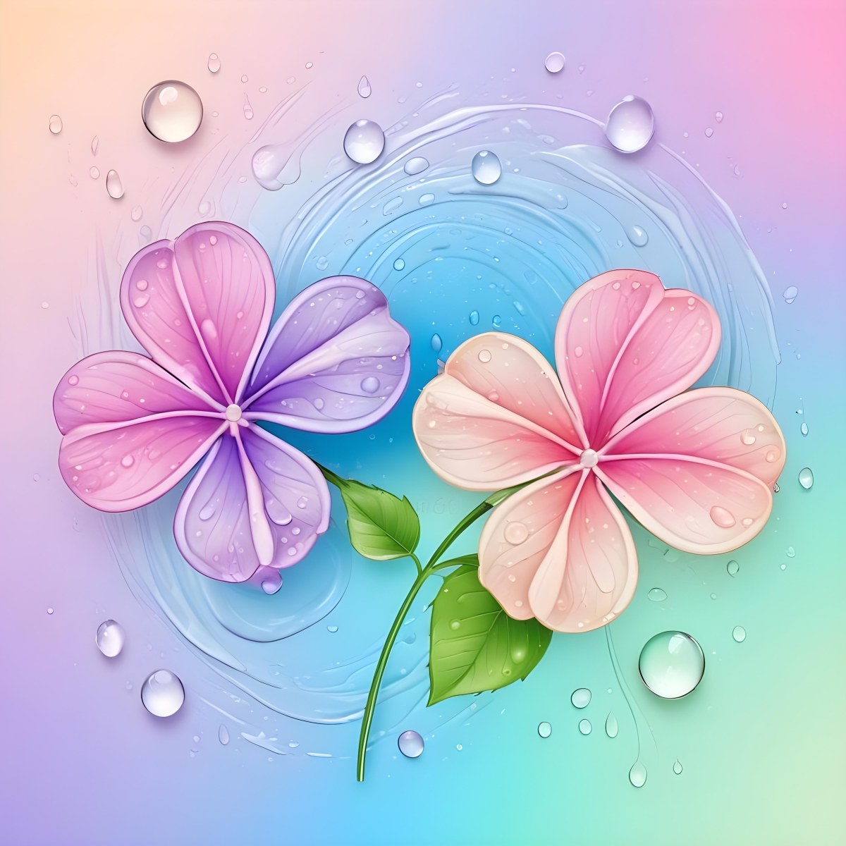 Two Flowers With Four Petals One Pink And One Purple With Water Drops In A Colorful Background 36 23d2
