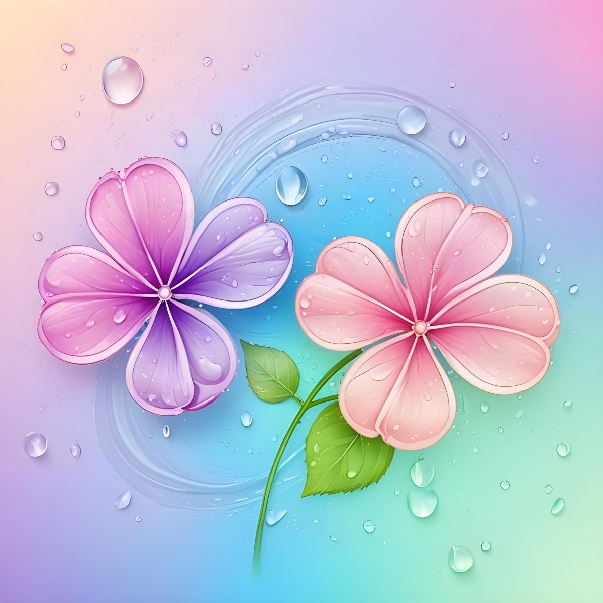 Two Flowers With Four Petals One Pink And One Purple With Water Drops In A Colorful Background 40 Faea