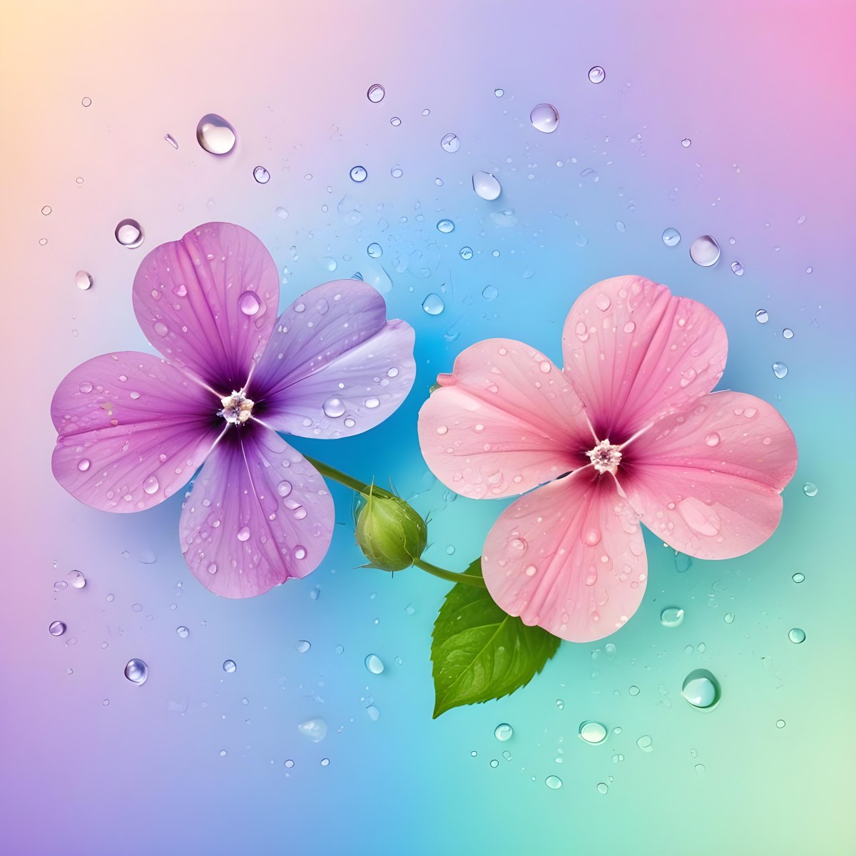 Two Flowers With Four Petals One Pink And One Purple With Water Drops In A Colorful Background 44 E0a7