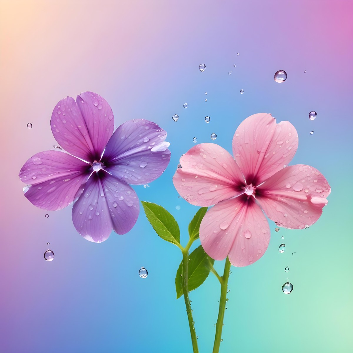 Two Flowers With Four Petals One Pink And One Purple With Water Drops In A Colorful Background 45 409d