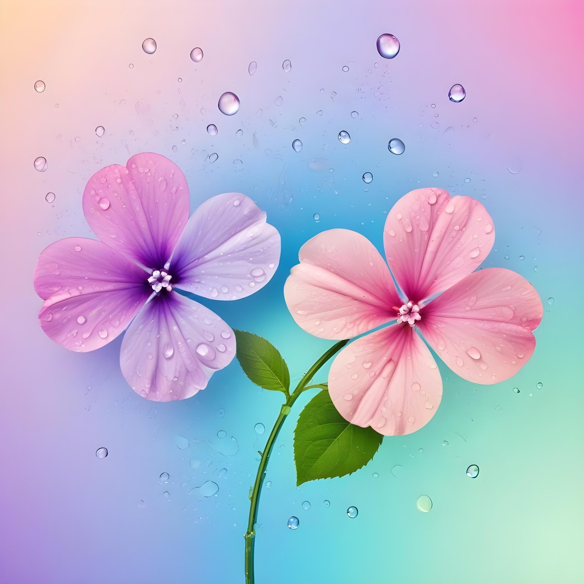 Two Flowers With Four Petals One Pink And One Purple With Water Drops In A Colorful Background 46 9b98