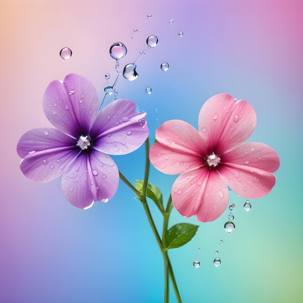 Two Flowers With Four Petals One Pink And One Purple With Water Drops In A Colorful Background 47 1eba