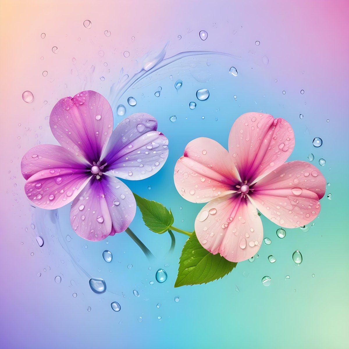 Two Flowers With Four Petals One Pink And One Purple With Water Drops In A Colorful Background 48 7fbb