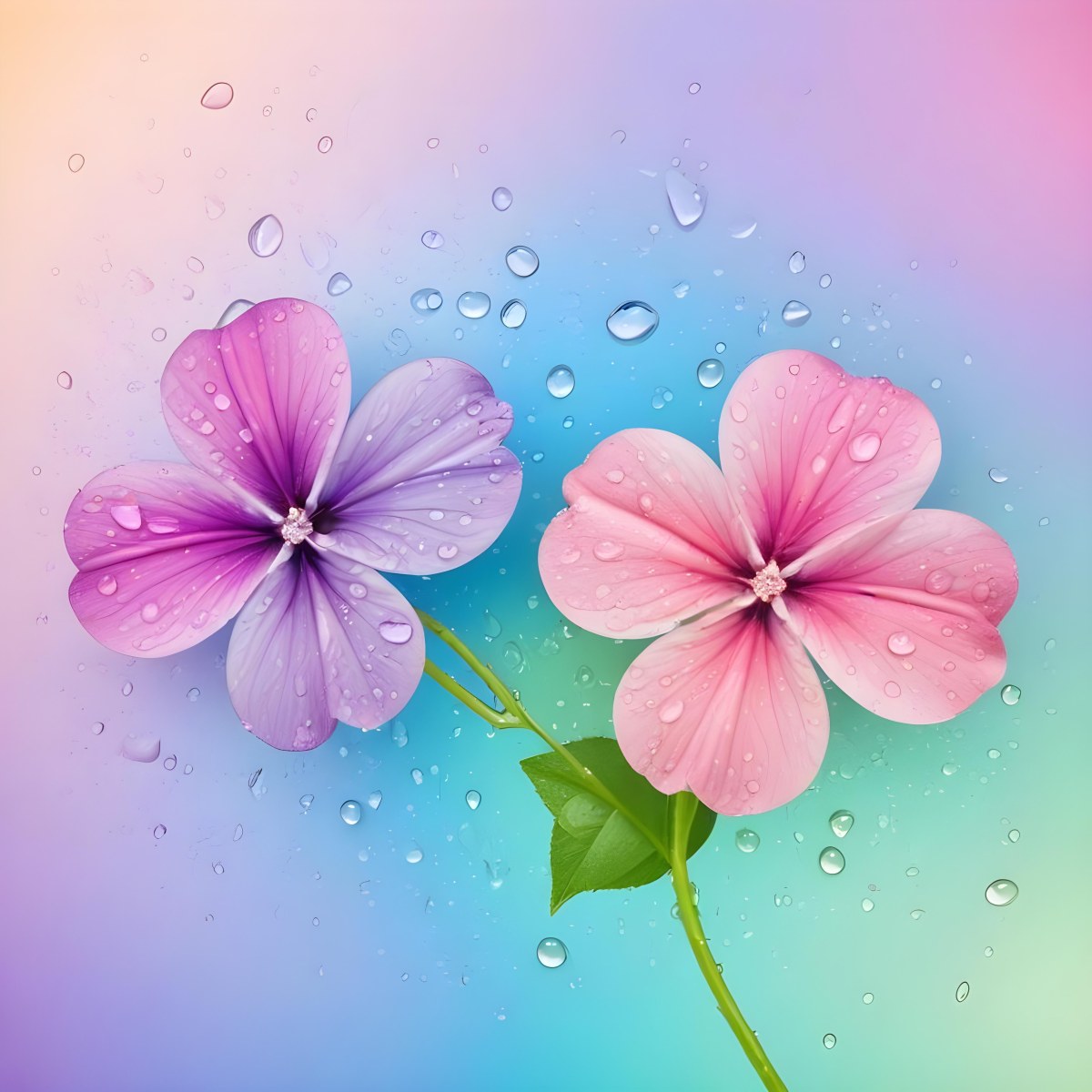 Two Flowers With Four Petals One Pink And One Purple With Water Drops In A Colorful Background 49 Bd7f