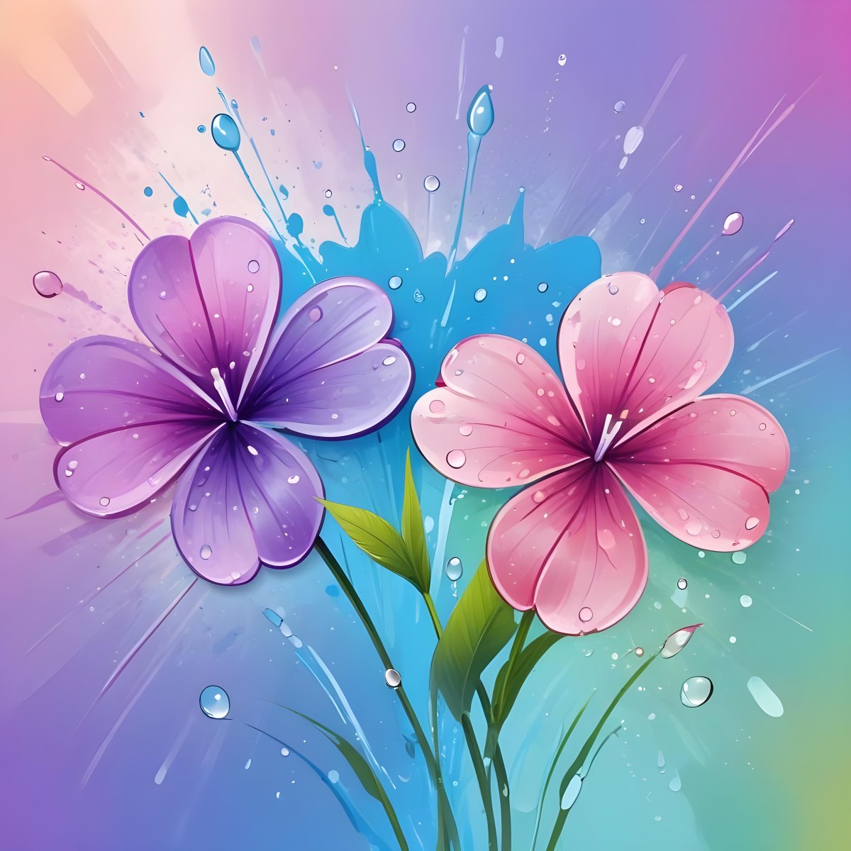 Two Flowers With Four Petals One Pink And One Purple With Water Drops In A Colorful Background 5 E6bb