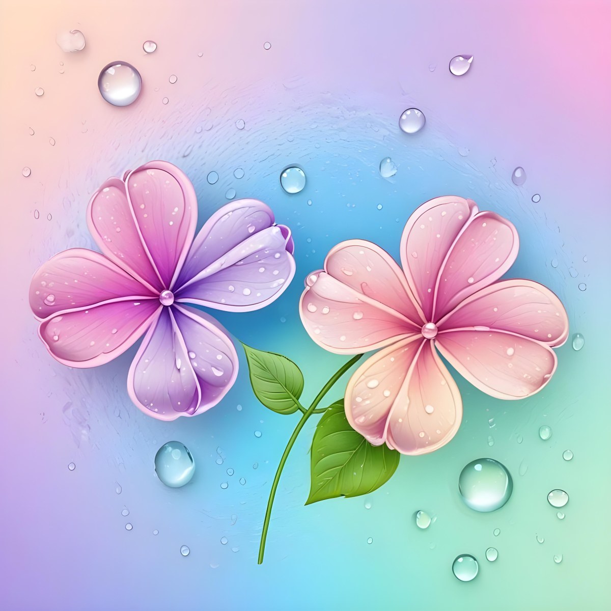 Two Flowers With Four Petals One Pink And One Purple With Water Drops In A Colorful Background 51 Ef87