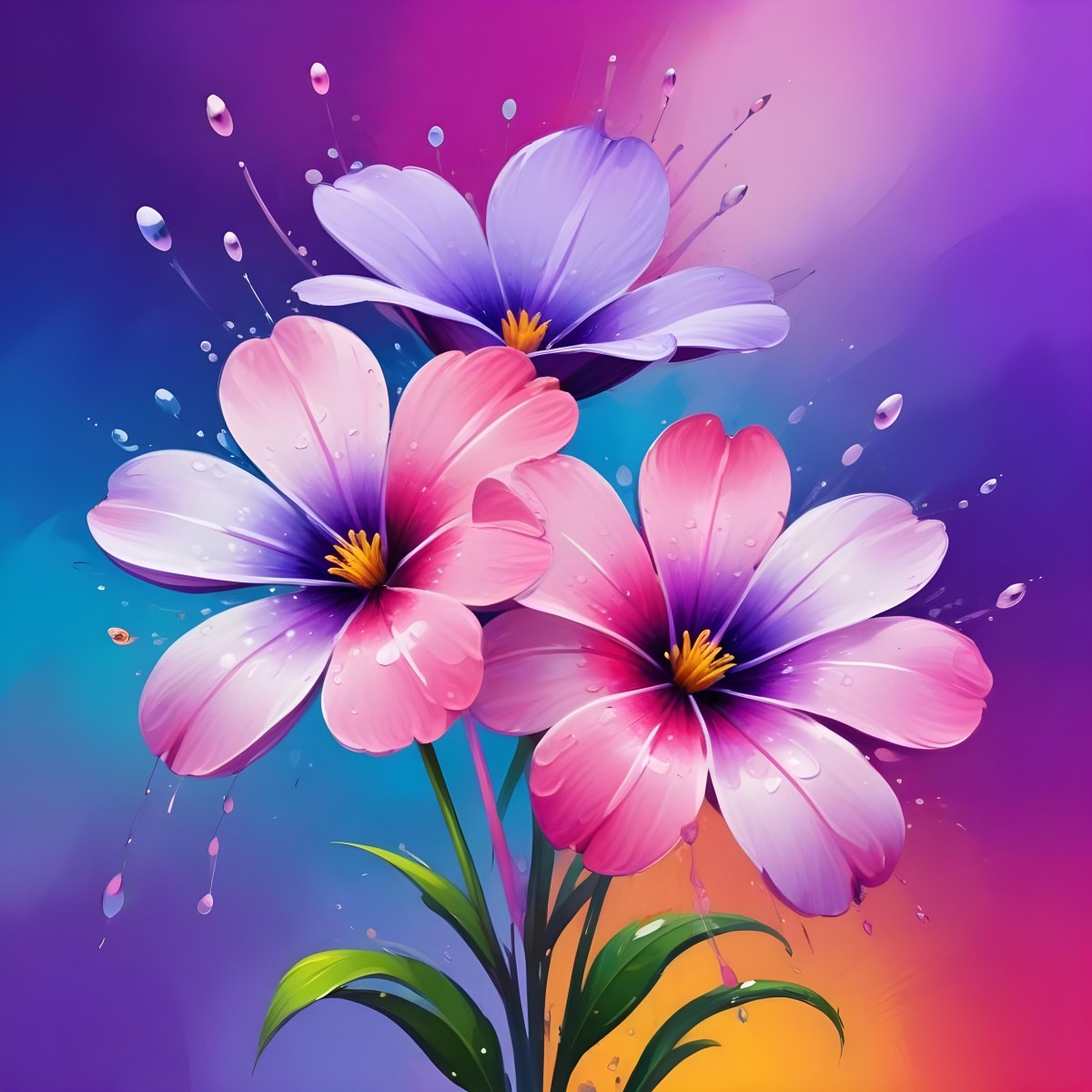 Two Flowers With Four Petals One Pink And One Purple With Water Drops In A Colorful Background 6 F743