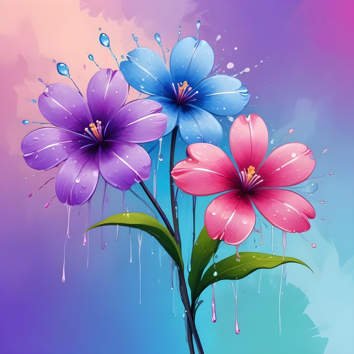 Two Flowers With Four Petals One Pink And One Purple With Water Drops In A Colorful Background 8 5422