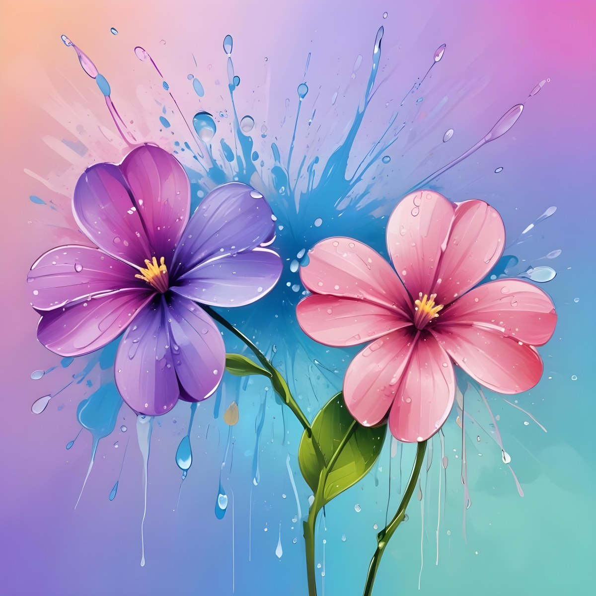 Two Flowers With Four Petals One Pink And One Purple With Water Drops In A Colorful Background 9 E85c