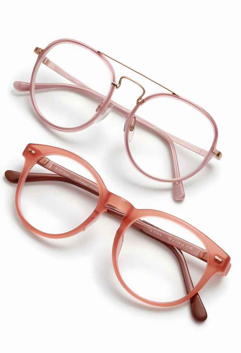 Two Pairs Of Eyeglasses With Pink And Brown Frames On A White Background 4 8255