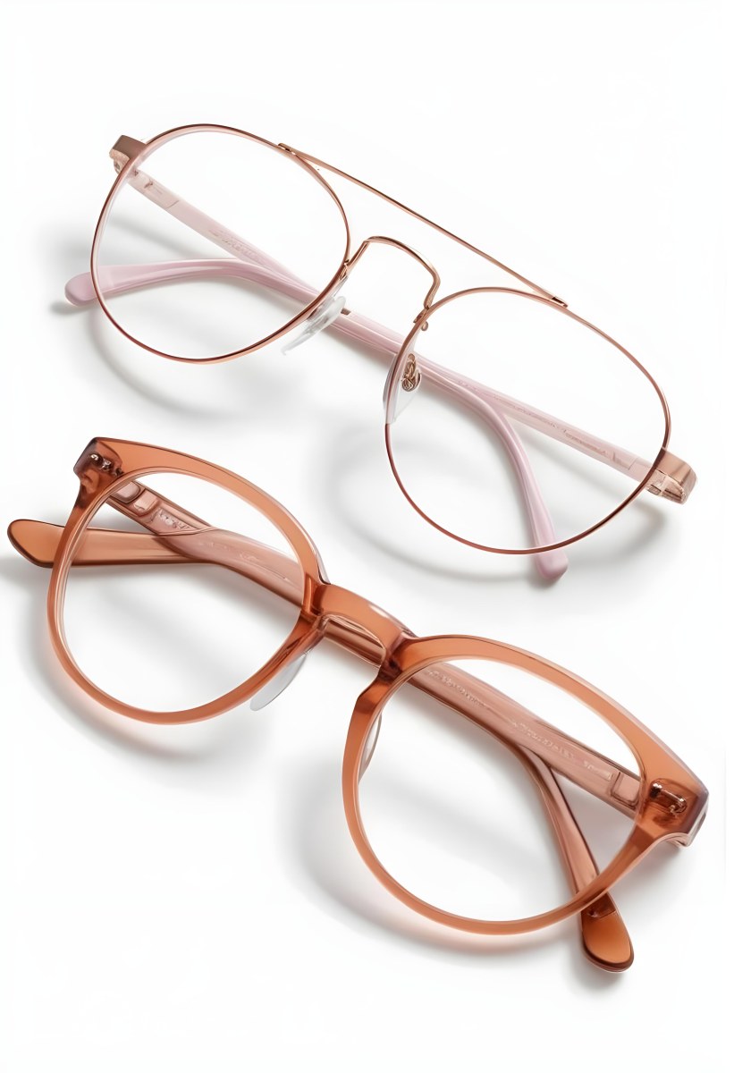Two Pairs Of Eyeglasses With Pink And Brown Frames On A White Background 5 23dd