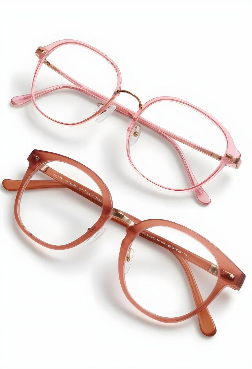 Two Pairs Of Eyeglasses With Pink And Brown Frames On A White Background 6 0778
