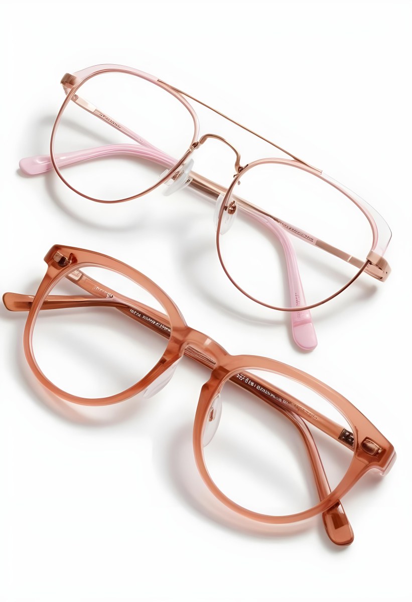Two Pairs Of Eyeglasses With Pink And Brown Frames On A White Background 7 E99e