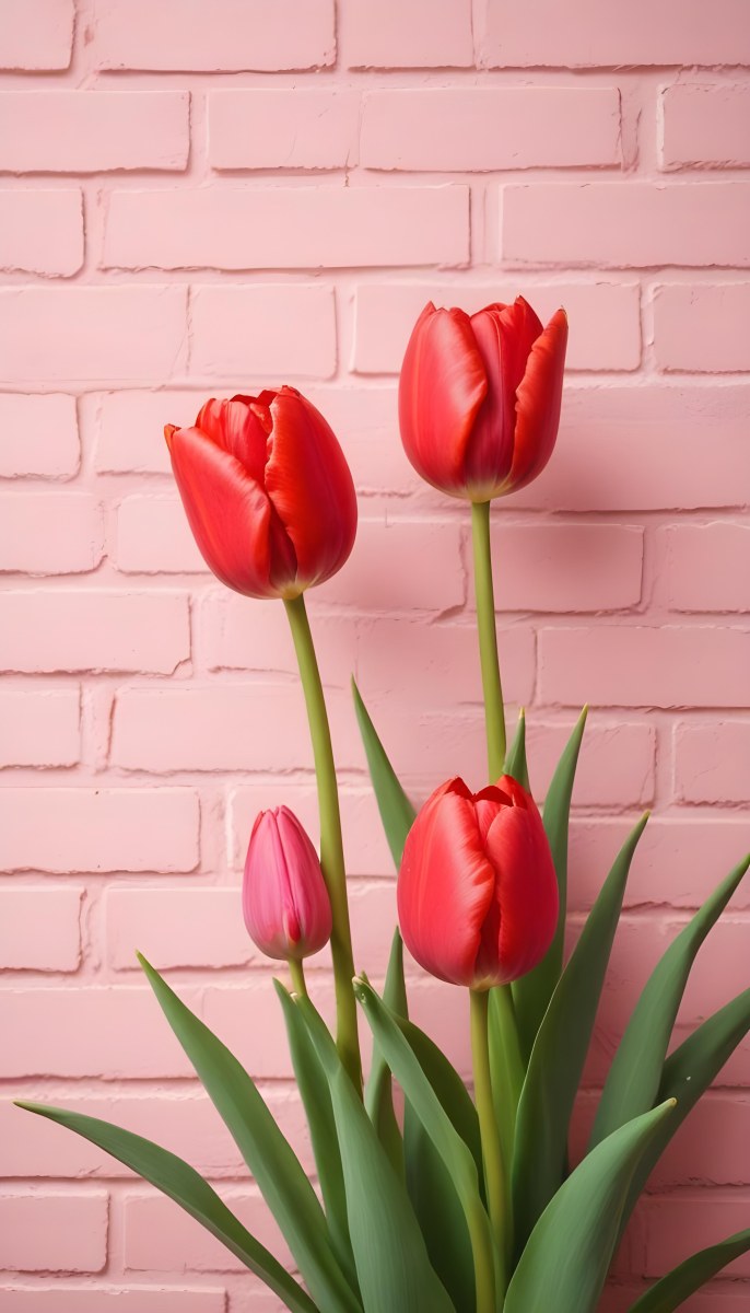 Two Red Tulips In Front Of A Pink Brick Wall 12 7431