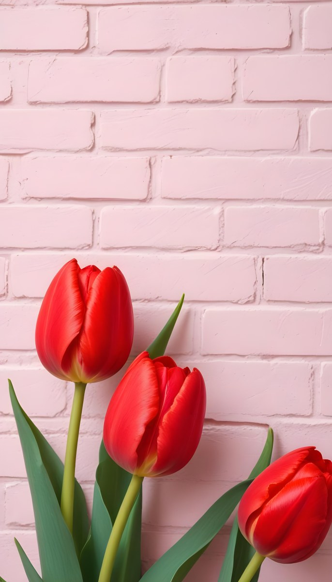 Two Red Tulips In Front Of A Pink Brick Wall 22 Ae96