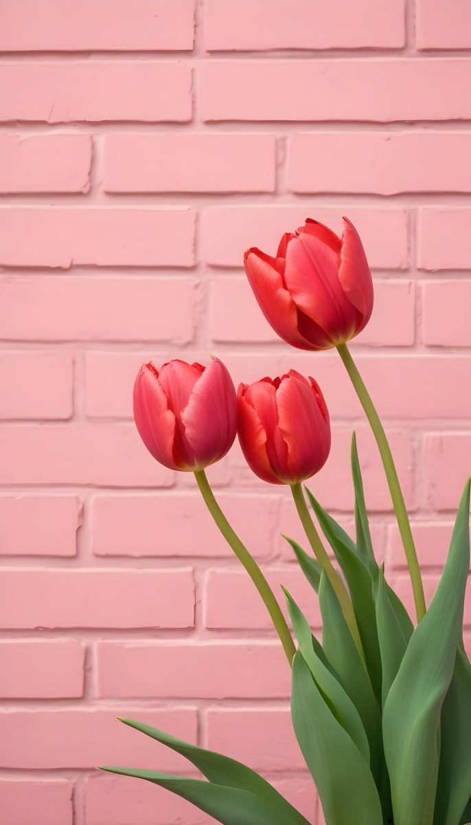 Two Red Tulips In Front Of A Pink Brick Wall 31 6225