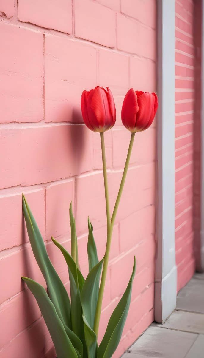 Two Red Tulips In Front Of A Pink Brick Wall 35 0d23