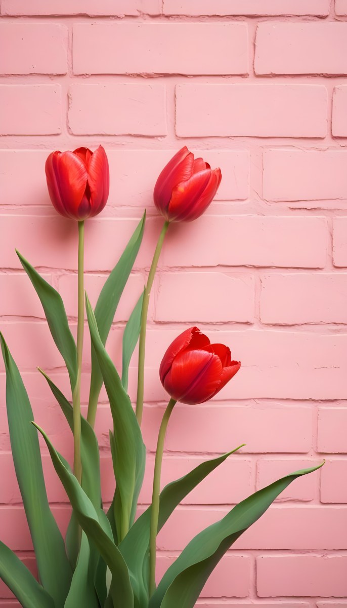Two Red Tulips In Front Of A Pink Brick Wall 40 E560