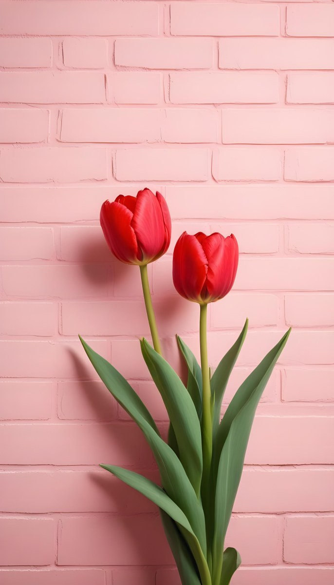 Two Red Tulips In Front Of A Pink Brick Wall 44 Db51