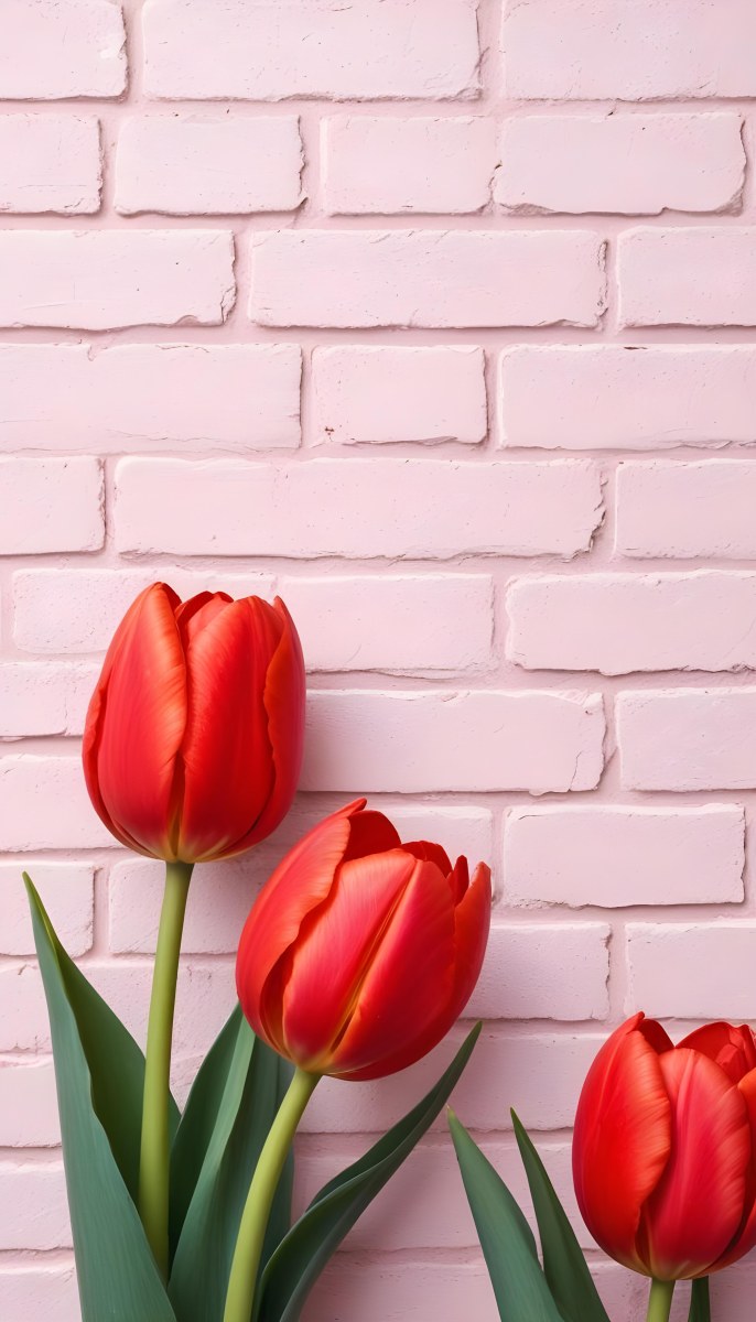 Two Red Tulips In Front Of A Pink Brick Wall 49 7af0