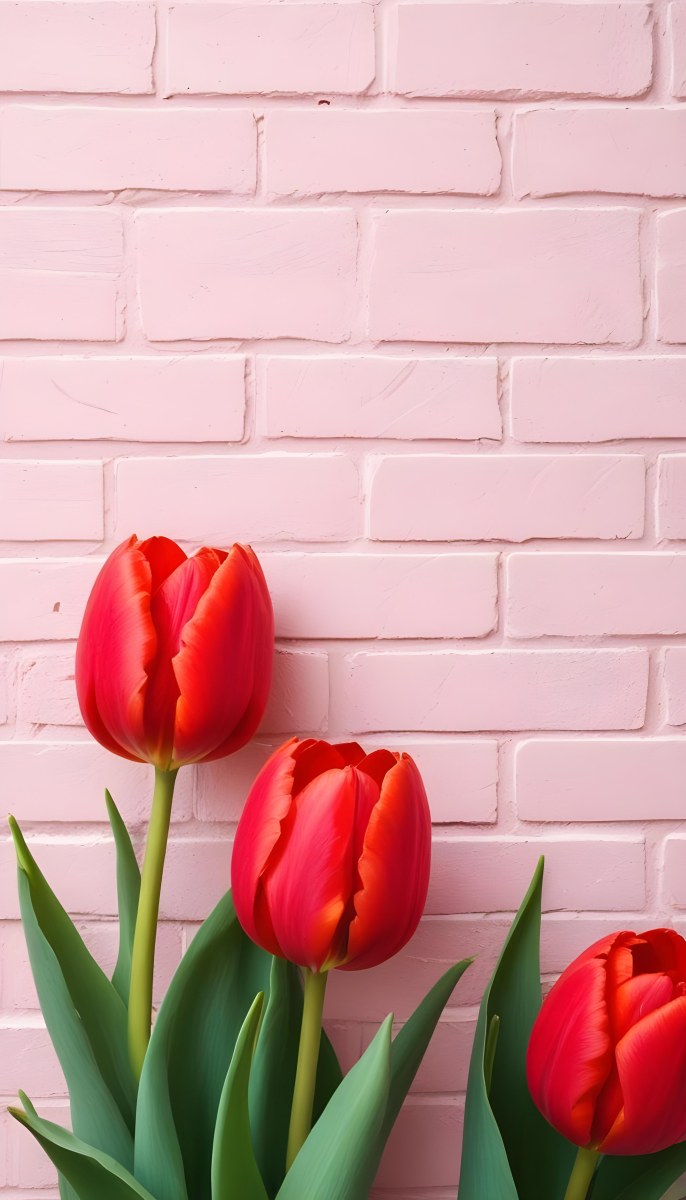 Two Red Tulips In Front Of A Pink Brick Wall 5 6fa5