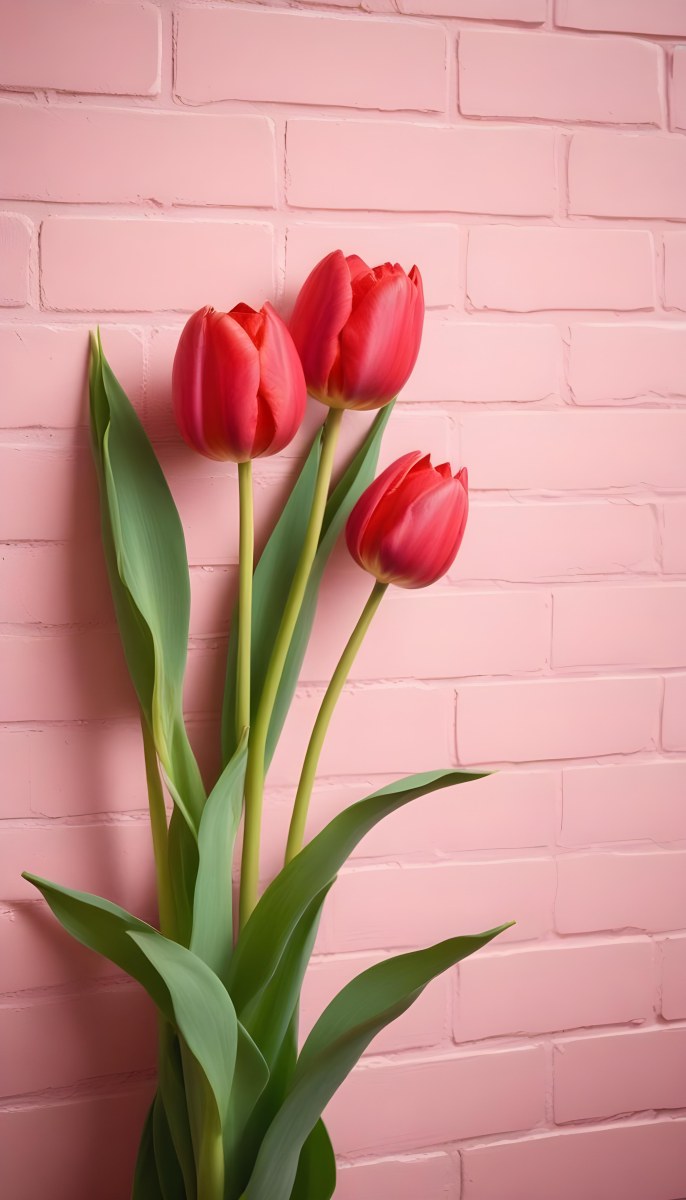 Two Red Tulips In Front Of A Pink Brick Wall 50 F7d2