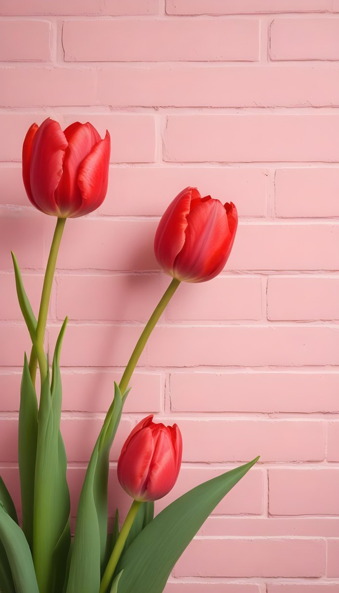 Two Red Tulips In Front Of A Pink Brick Wall 52 5b5d