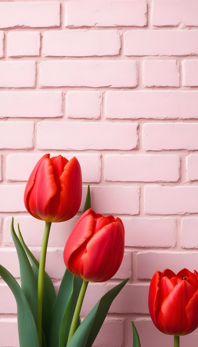 Two Red Tulips In Front Of A Pink Brick Wall 53 5f9e