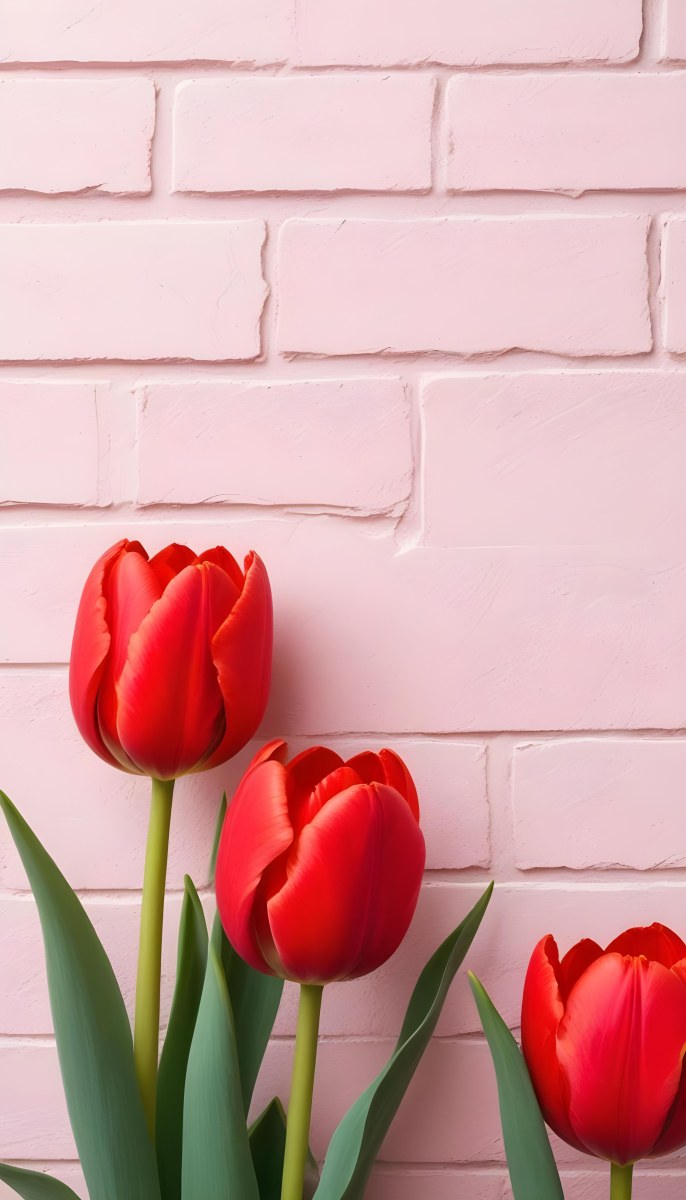 Two Red Tulips In Front Of A Pink Brick Wall 54 0468