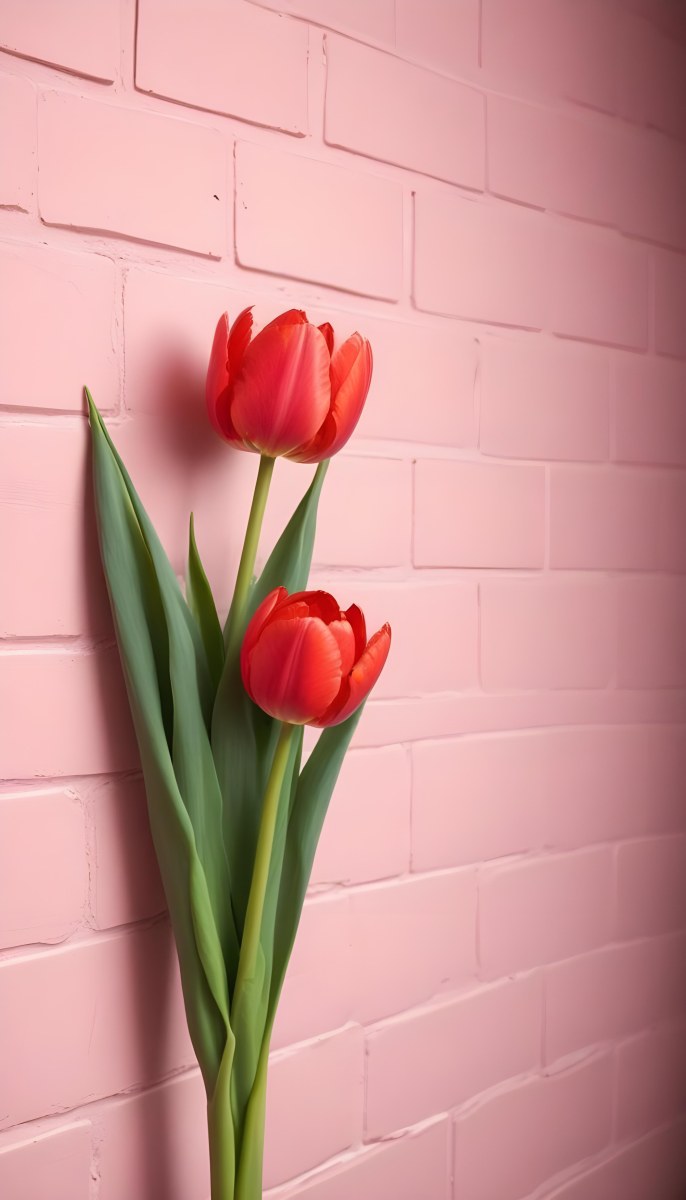 Two Red Tulips In Front Of A Pink Brick Wall 55 567e