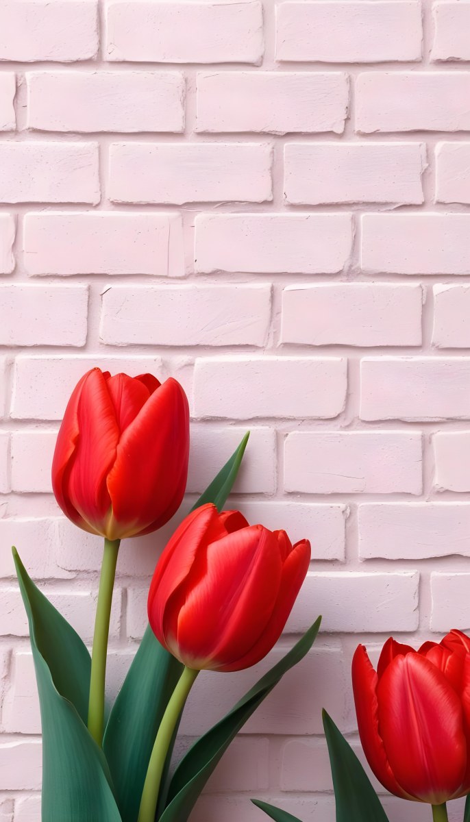 Two Red Tulips In Front Of A Pink Brick Wall 56 4f22