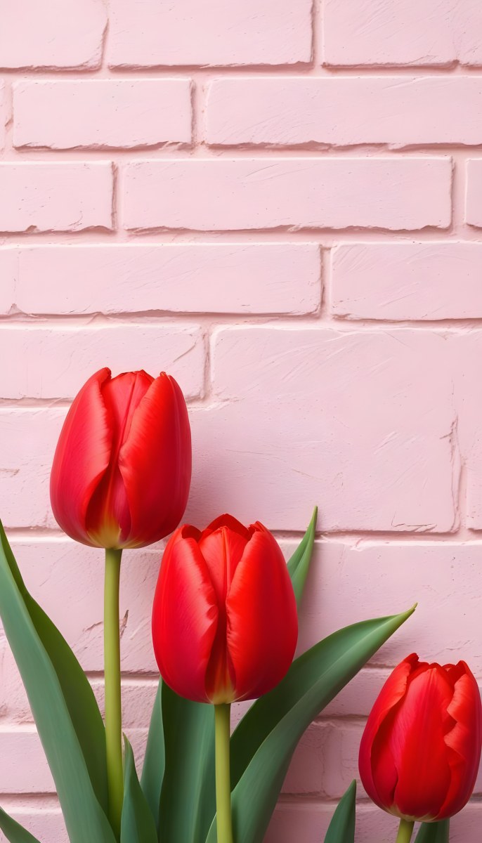 Two Red Tulips In Front Of A Pink Brick Wall 7 55f5