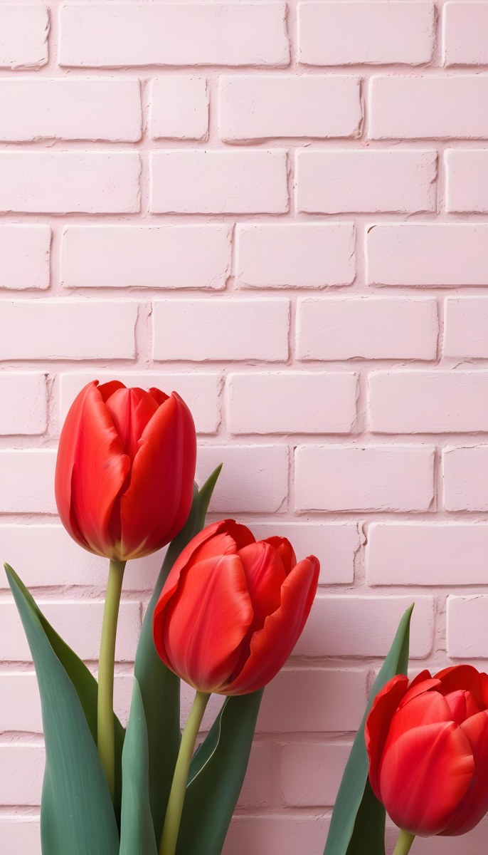 Two Red Tulips In Front Of A Pink Brick Wall 8 0744