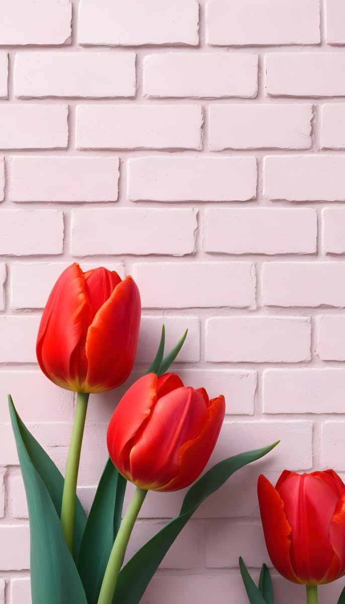 Two Red Tulips In Front Of A Pink Brick Wall 9 99e6