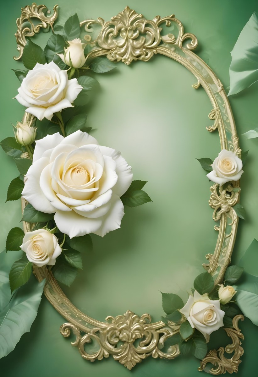 White Roses With Green Leaves In An Ornate Golden Frame On A Green Background 95 77f5