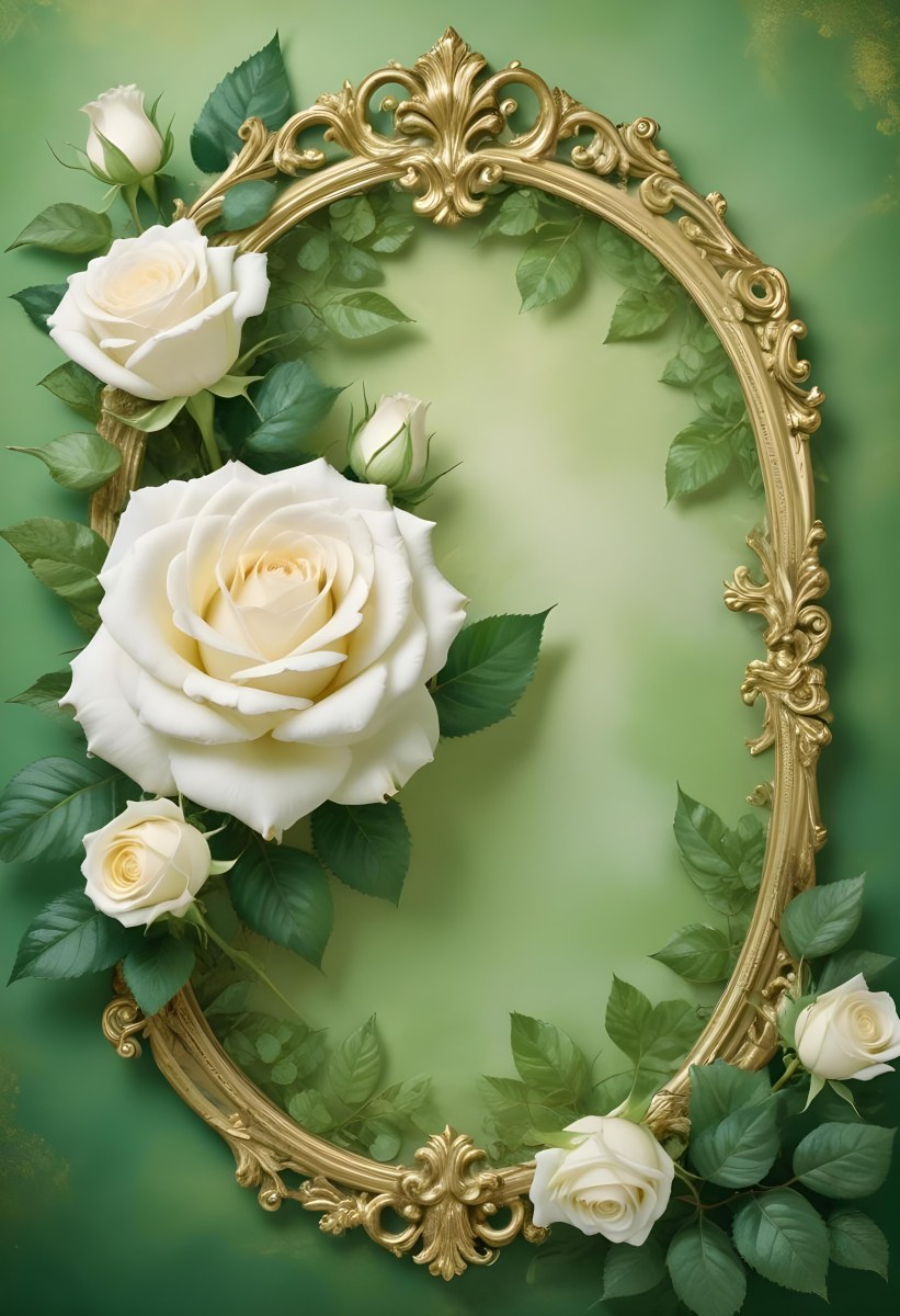 White Roses With Green Leaves In An Ornate Golden Frame On A Green Background 96 A02d