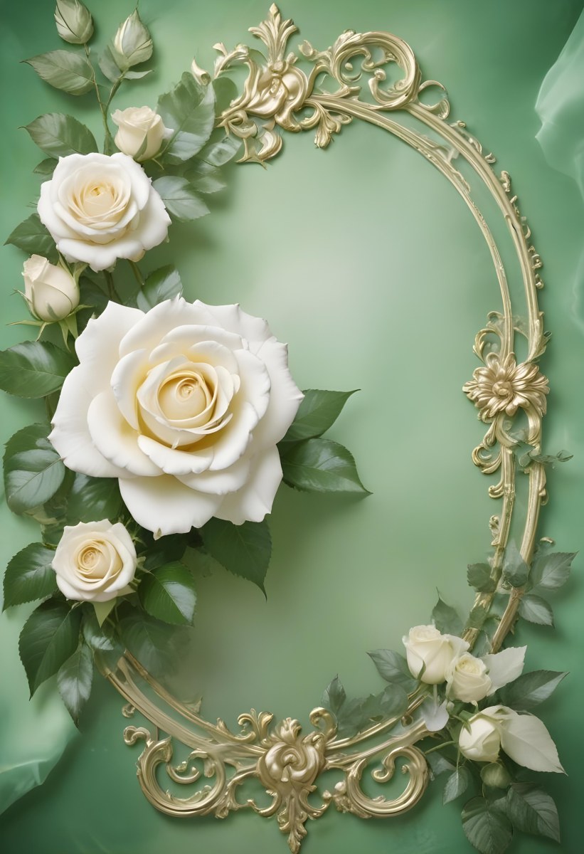 White Roses With Green Leaves In An Ornate Golden Frame On A Green Background 97 71b3