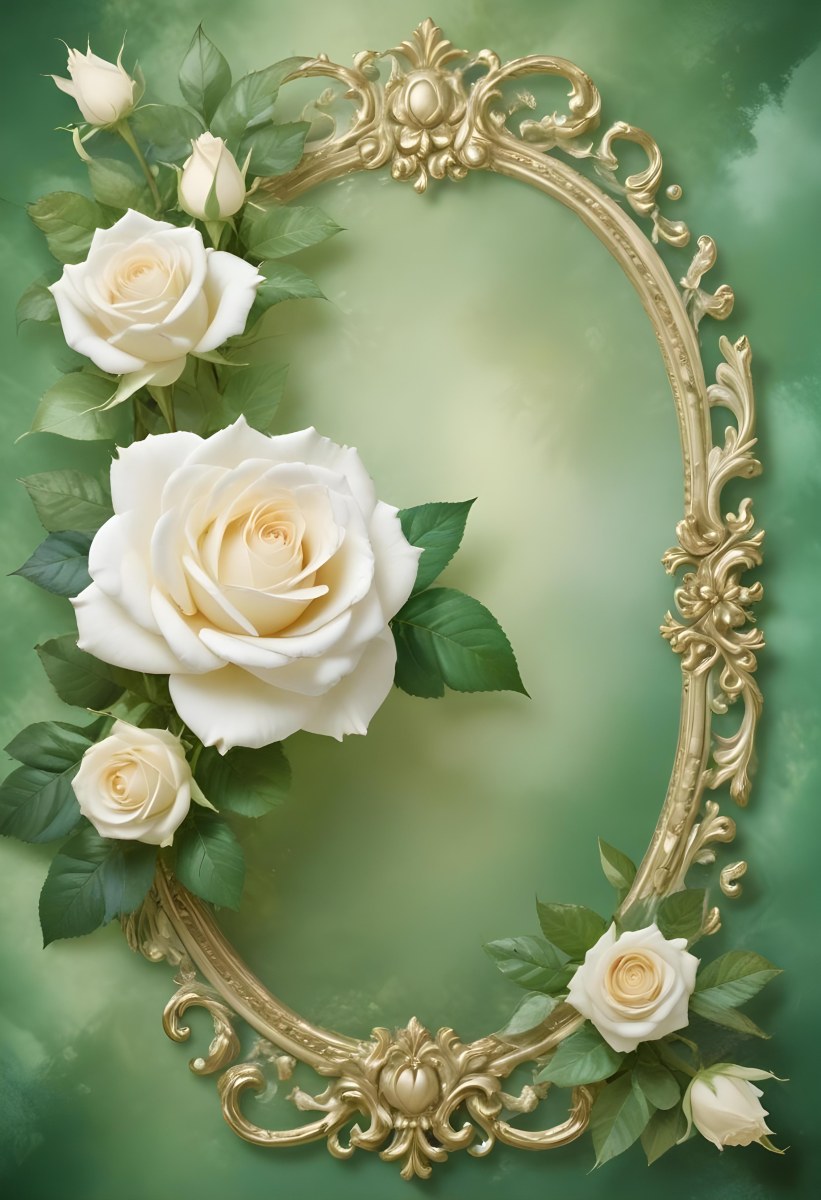 White Roses With Green Leaves In An Ornate Golden Frame On A Green Background 99 Bb83